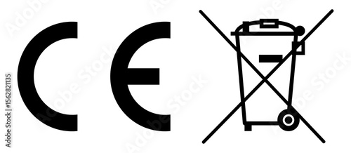 CE marking and crossed out wheeled bin icons. Used on electronics for compliance and recycling standards in the EU. Clean black vector symbols for packaging, labels, and regulatory des. icons, vector.