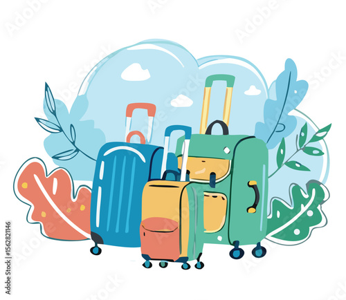 Set of travel icons. Traveler suitcase with stickers. Bag, map, camera, tickets, phone, hat, airplane, compass and airplane with linear flying route. Vector objects isolated on blue background. 