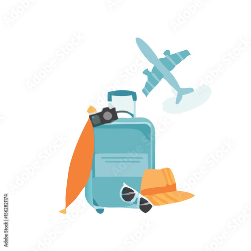 Set of travel icons. Traveler suitcase with stickers. Bag, map, camera, tickets, phone, hat, airplane, compass and airplane with linear flying route. Vector objects isolated on blue background. 
