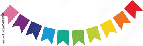 A colorful banner of triangular flags hanging on a string against white background