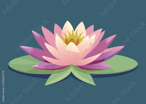 Vector art of a beautiful lotus flower blooming on lily pads isolated on white background
