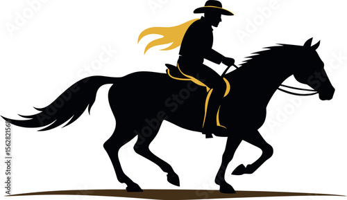 Vector art of a cowboy with a yellow scarf rides a black horse in silhouette isolated on white background
