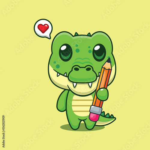 Cute crocodile holding pencil cartoon vector illustration