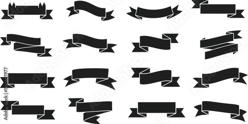 A collection of sixteen black banner illustrations on a white background