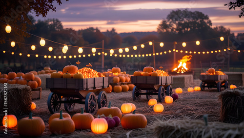 Autumn harvest festival with glowing pumpkins and string lights