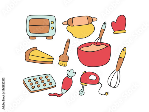 Collection of Hand Drawing Baking Tools and Ingredients with Outline