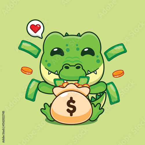 Cute crocodile with money bag cartoon vector illustration