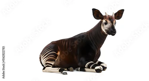 Naklejka na ścianę 白背景に座ってリラックスする希少動物オカピの全身高解像度ポートレート、特徴的なしま模様と滑らかな毛並みが美しい熱帯雨林の絶滅危惧種の静かな姿 - 生成AI