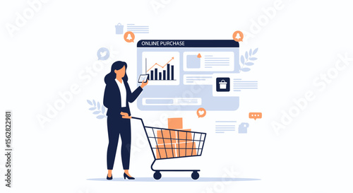 Businesswoman Navigating Online Purchase Platform with Shopping Cart Full of Boxes