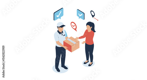 Delivery Person Handing Package to Recipient in Isometric View