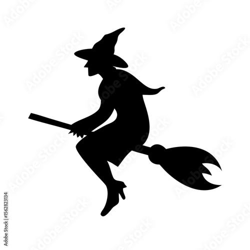 Silhouette of a witch flying on a broom, perfect for Halloween designs.