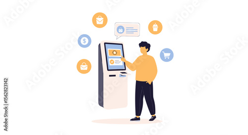 Modern Customer Interacting with a Touchscreen Kiosk for Purchases