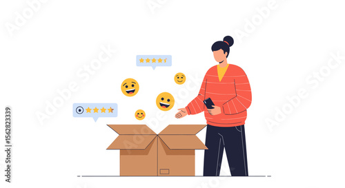 Woman Unboxing Positive Customer Feedback Emojis and Ratings