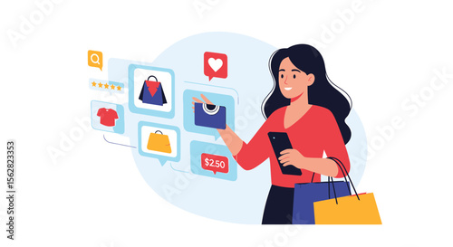 Woman Shopping Online with Phone, Bags, and Product Icons.
