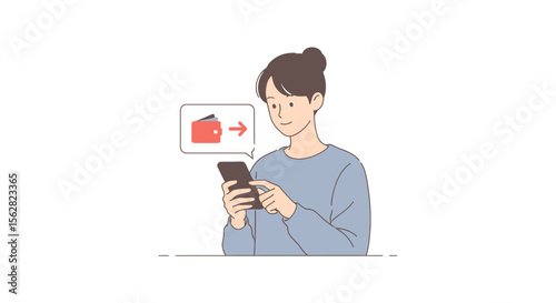 Woman using smartphone for money transfer with wallet icon illustration