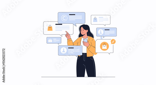 Woman Interacting with Shopping and Information Icons on Smartphone.