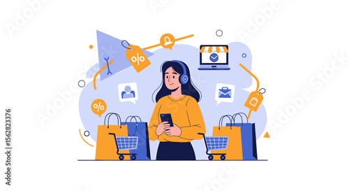 Woman Shopping Online with Digital Promotions