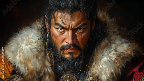 Two-Color Portrait of Genghis Khan with Fur-Lined Robes and Fierce Gaze Symbolizing Legendary Conquest
