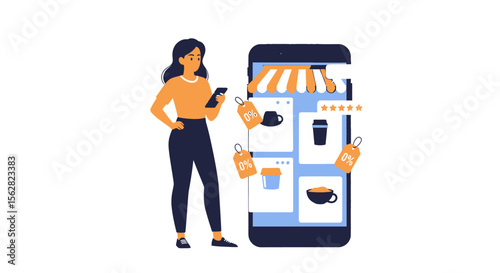 Woman using phone to browse coffee shop app with zero percent discount