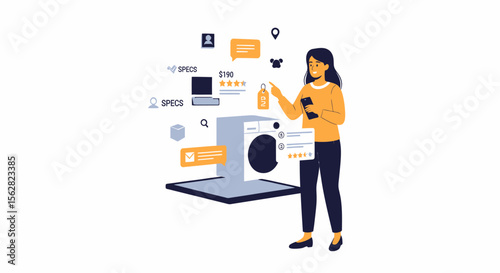 Woman using smartphone to shop for a washing machine online with product details