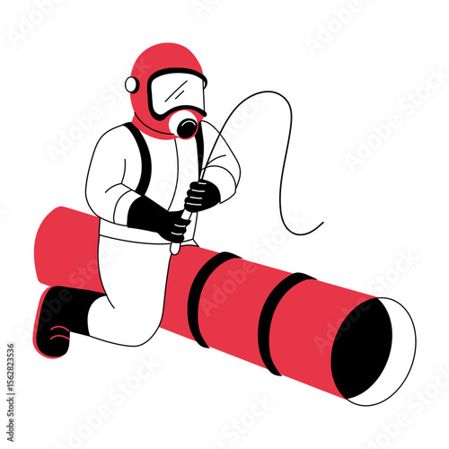 A hand drawn illustration showing a person doing pipe repairing 

