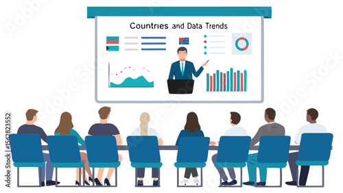 Presentation of countries and data trends to a group of people sitting at a conference table in a meeting room