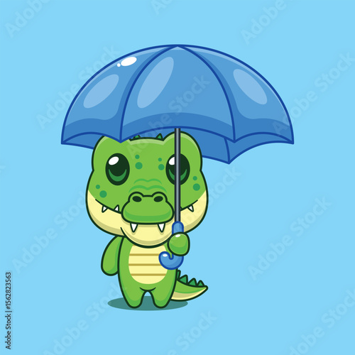Cute crocodile holding umbrella cartoon vector illustration