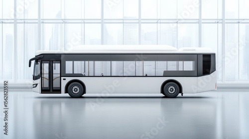 Modern white bus in a light-filled modern space
