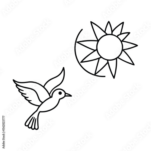 Sun And Birds In Continuous One Line Vector Art Illustration