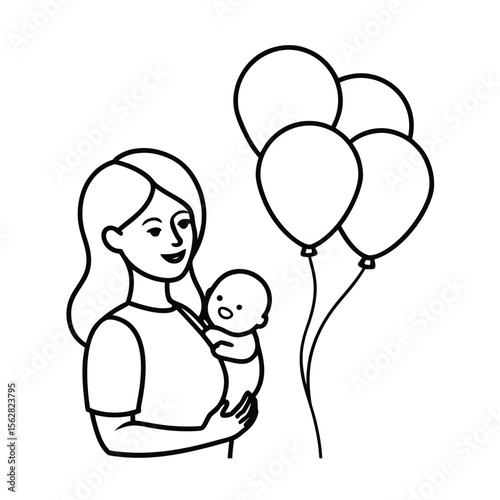 Woman Holding Her Baby With Air Balloons In Vector Line Art