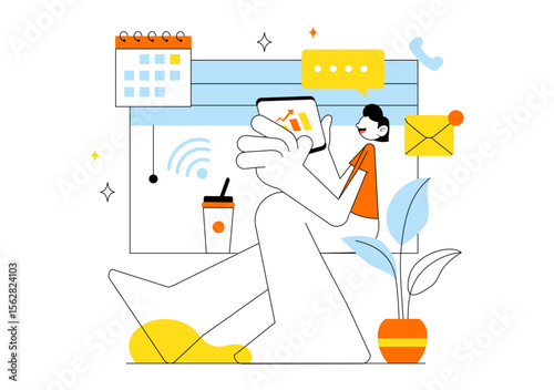 Remote Working Setup Vector Illustration Featuring a Balanced Work Life Environment with Flextime, Emphasizing Flexibility and Productivity from Home