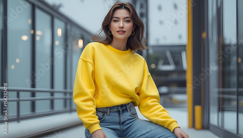 portrait of a stylish young woman wearing a bright yellow sweatshirt
