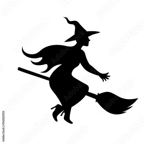 Silhouette of a witch flying on a broom, perfect for Halloween.