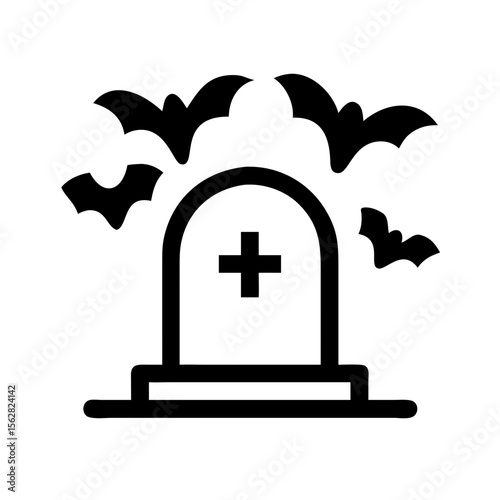 Spooky cemetery icon with bats, perfect for Halloween design.