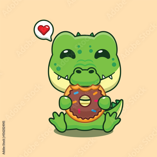 Cute crocodile eating donut cartoon vector illustration