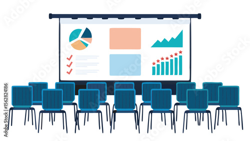 Presentation room with projector screen displaying charts and graphs and rows of empty chairs set up