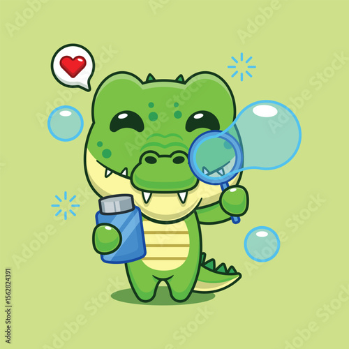 Cute crocodile blowing bubbles cartoon vector illustration