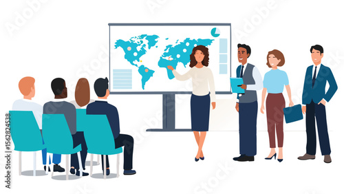 A presentation of a world map with a diverse group of people attending a business meeting together now