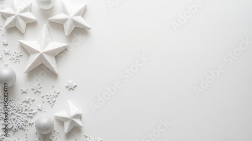Minimalist white holiday layout with stars, orbs, and snowflakes, with right copy space