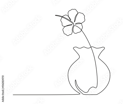 continuous line art of a flower planted in a flower pot and growing luxuriantly. this icon is for a wall hanging or flower shop banner