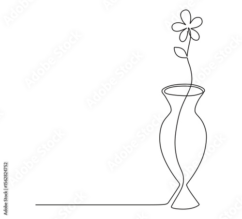 continuous line art of a flower planted in a flower pot and growing luxuriantly. this icon is for a wall hanging or flower shop banner