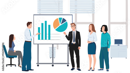 Presentation with bar graph and pie chart being given in an office setting to a group of people