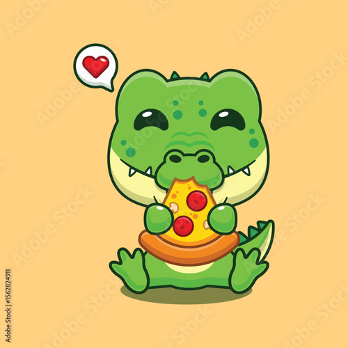 Cute crocodile eating pizza cartoon vector illustration