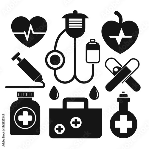 Medical icon set silhouette vector on a white background