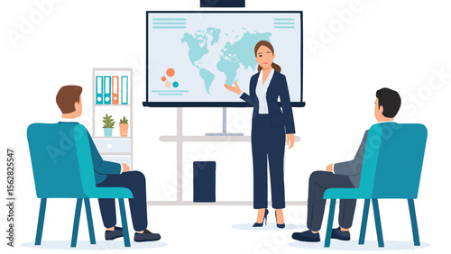 Woman presenting world map to two seated colleagues in an office presentation setting with furniture