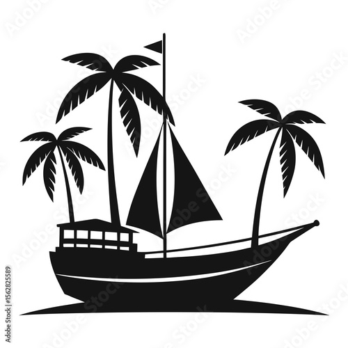 Traditional Sailboat Silhouette Vector Tropical Fishing Boat Clipart Design on a white background