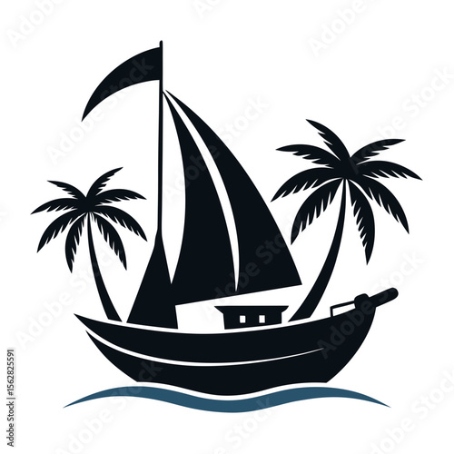 Traditional Sailboat Silhouette Vector Tropical Fishing Boat Clipart Design on a white background