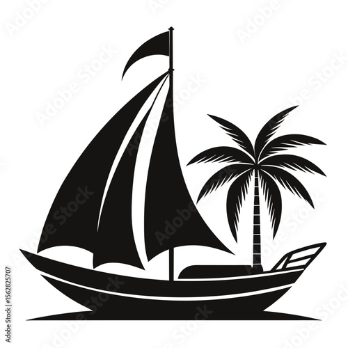 Traditional Sailboat Silhouette Vector Tropical Fishing Boat Clipart Design on a white background