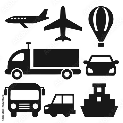 Transportation Icons: A collection of transportation icons featuring an airplane, buildings, a car, a truck, a bus, and a hot air balloon, each rendered in a simple, clean design.