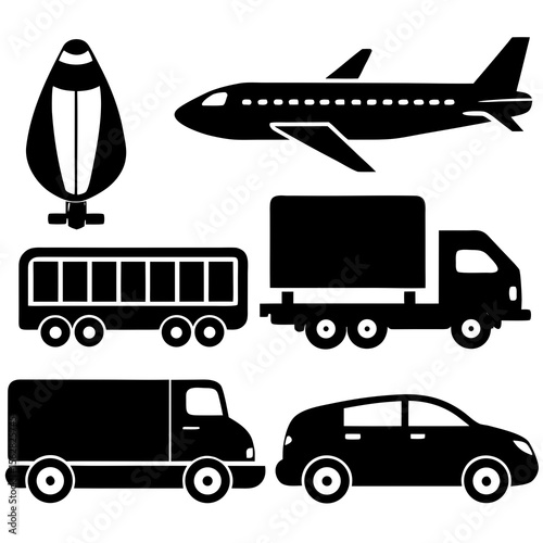 Transportation Icons: A collection of transportation icons featuring an airplane, buildings, a car, a truck, a bus, and a hot air balloon, each rendered in a simple, clean design.